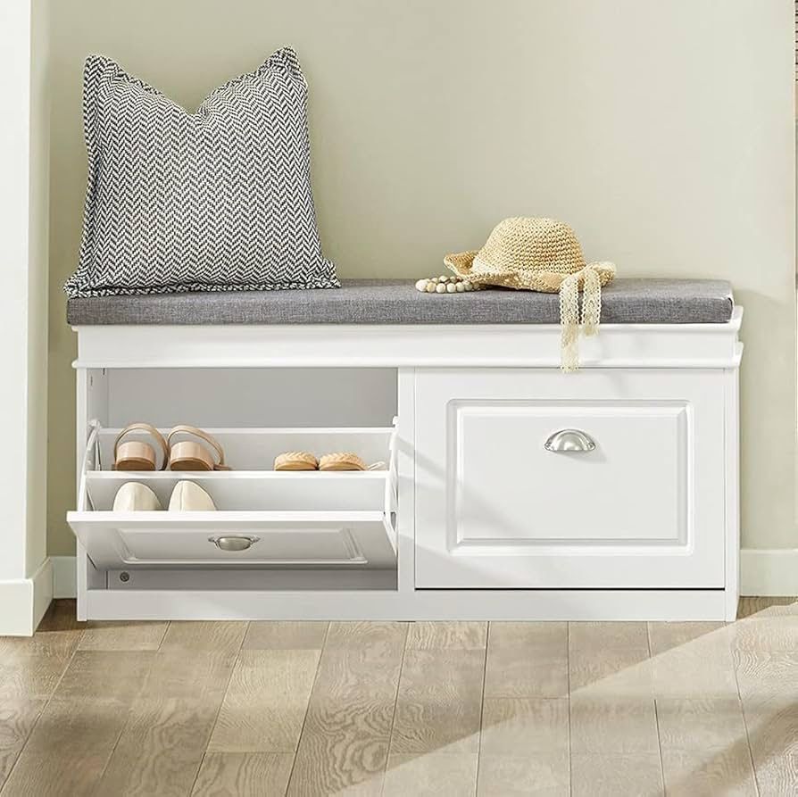 Shoe Storage Bench Entryway, Shoe Cabinet Bench with 2 Flip Drawers & Cushion, Modern Design Shoe Organizer for Hallway, White