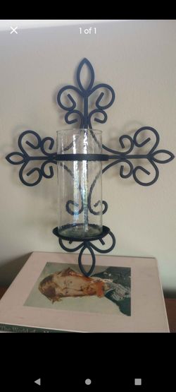 Wrought Iron Fleur-de-Lis Cross Wall Sconce Candle Holder from Party Lite