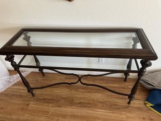 Wooden table with glass center by Finicios — excellent condition