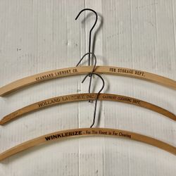 3 Vtg. MCM Wooden Hangers Fur / Laundry Advertising Designed For Heavy Garments w/ Large Collars / Hoods