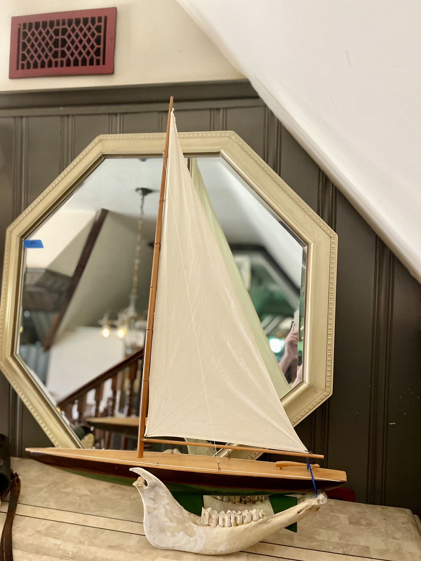 Large Antique Vintage MCM Wood Model Pond Yacht Sailboat