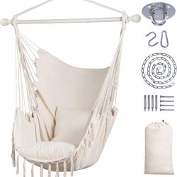 SUNCREAT Hammock Chair Hanging Rope Swing Seat-Max 450lbs Capacity, Extra Large Macrame Hanging Swing with Side Pocket, Two Seat Cushion, Beige