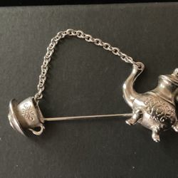 Silver Tea Kettle With Chain Pin/ Brooch,by Avon
