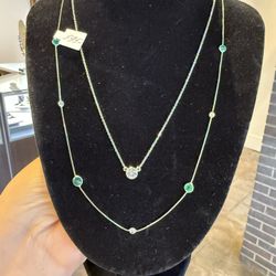 14K White Gold Natural Emeralds  And Diamonds Necklace