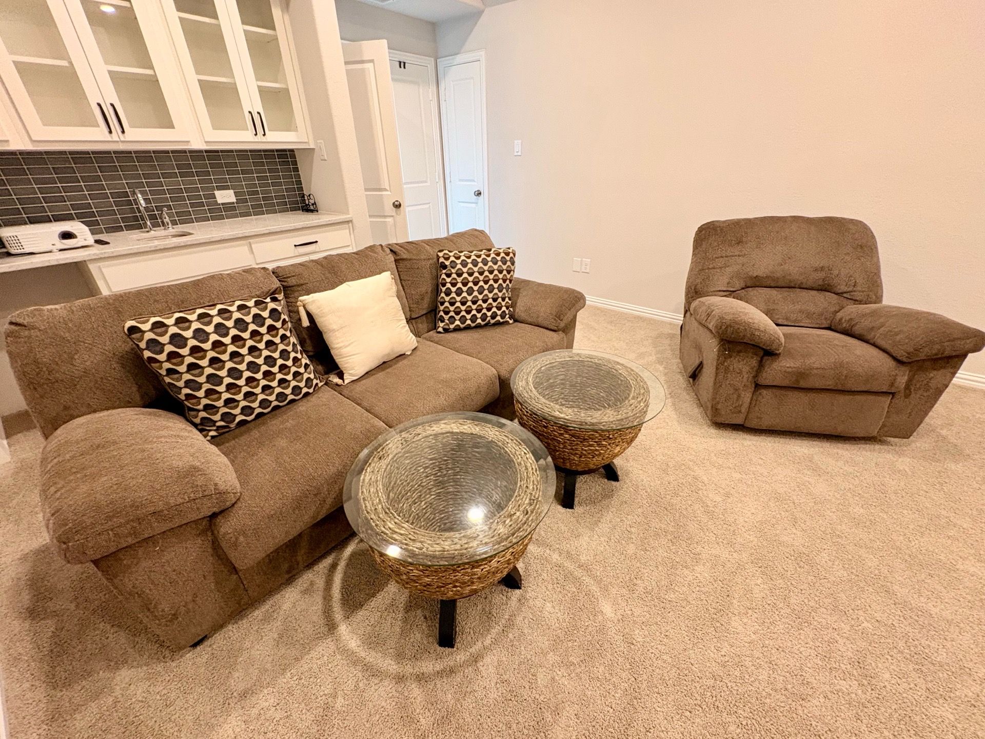 Ashley seater sofa set + recliner & 2 center tables