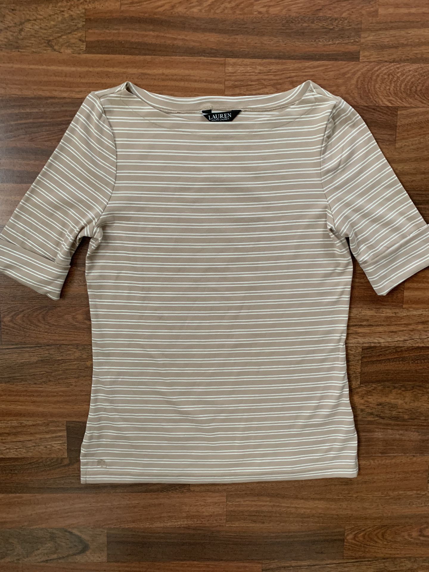 Lauren Ralph Lauren LRL Shirt Womens Medium Tan White Striped Preppy Academia