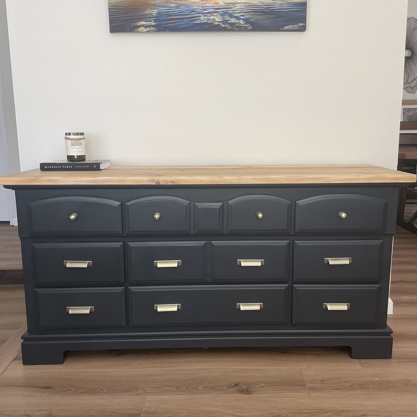 black dresser with natural wood top Traditional Wooden 6-Drawer Horizontal Dresser - Black