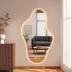 JTZEA 35.8? Modern Irregular LED Bathroom Mirror With Lights, Asymmetrical Frameless Smart Lighted Wall Mirror For Living Room Entryway, Large Decorat