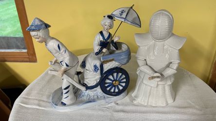 Porcelain Figurine Set Asian Rickshaw and Samurai