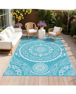 Brandnew Waterproof Outdoor Rug 6x9, Plastic Straw Patio Mat, Paisley Teal Reversible Camping Rug, UV Resistant Indoor Outdoor RV Mat Carpet For Deck,
