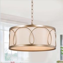 New 16”Gold Drum Chandelier Light Fixture,3-Light Pendant with White Fabric Shade Adjustable Height 