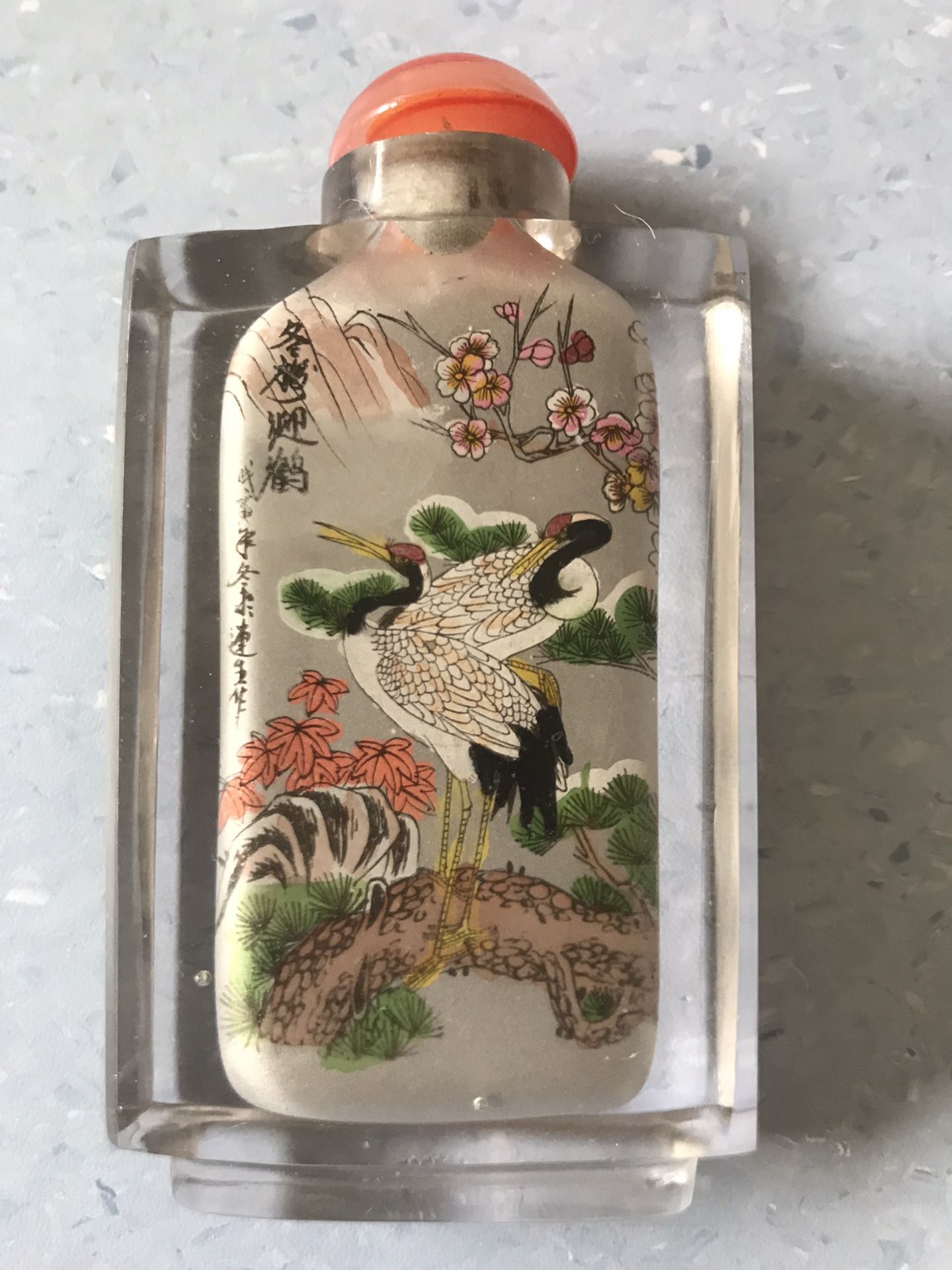 Chinese Reverse Inside Painted Landscape Glass Snuff Bottle crane and plum tree