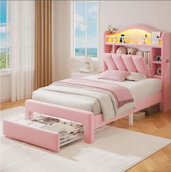 🔥🔥Twin LED Bed Frame Princess Velvet Storage Headboard & 2 Storage Drawers, no box-spring needed