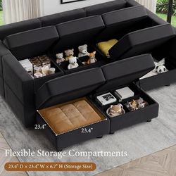 S11 $249  118" 5 Seats L Shaped Modular Velvet Sectional Couch with Storage, Black FSC-certified hardwood frame, Pet-friendly velvet upholstery, Adjus
