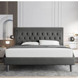 Queen Size Button Tufted/Fabric Upholstered Bed Frame/Dark Grey A-2