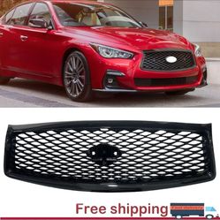 For Infiniti Q50 2014-2016 2017 Front Bumper Upper Grille Gloss Black Grill JDM
