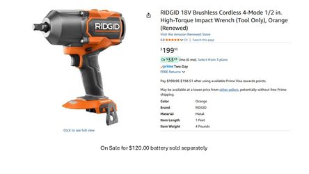 RIDGID 18V Brushless 1/2" High-Torque Impact Wrench – Tool Only