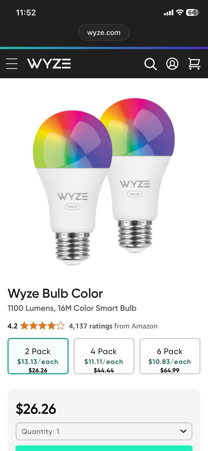 Wyze Color Smart Light Bulbs 2 Pack