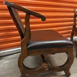 Unique Mid century Chairs Set Of 4. Hollywood Regency Spanish Chinoiserie Vibe. Wood Cane Back Leather Seat