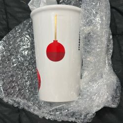 Starbucks Christmas Mug White w/ Red & Gold Hanging Ornaments 21 fl oz Tall Mug
