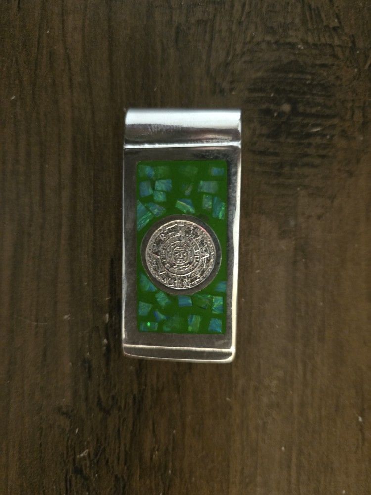 925 Sterling Silver Aztec Calendar Embedded In Turquoise Money Clip 