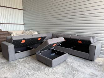 Thomasville Fabric Sectional with Storage Seats and Ottoman, Dark Gray