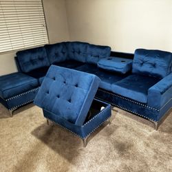 Special Blue Sectional w/ Drop Down and Storage Ottoman