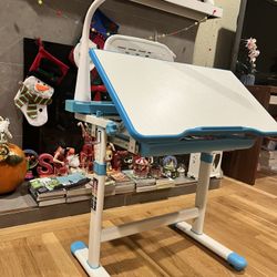 Height Adjustable Children Bedroom Study Desk, Can Directly for Drawing Desktop, Book Stand, LED Light and Large Storage Drawer for Boys & Girl