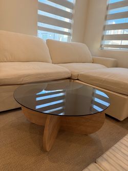 Mid century modern round glass coffee table with wooden base