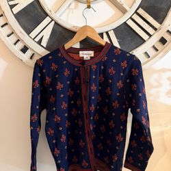 Talbots women's navy blue and red floral patterned button-front cardigan