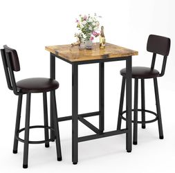 3 Piece Pub Dining Set, Modern bar Table and Stools for 2 Kitchen Counter Height Wood Top Bistro Easy Assemble for Breakfast Nook Living Room Small Sp