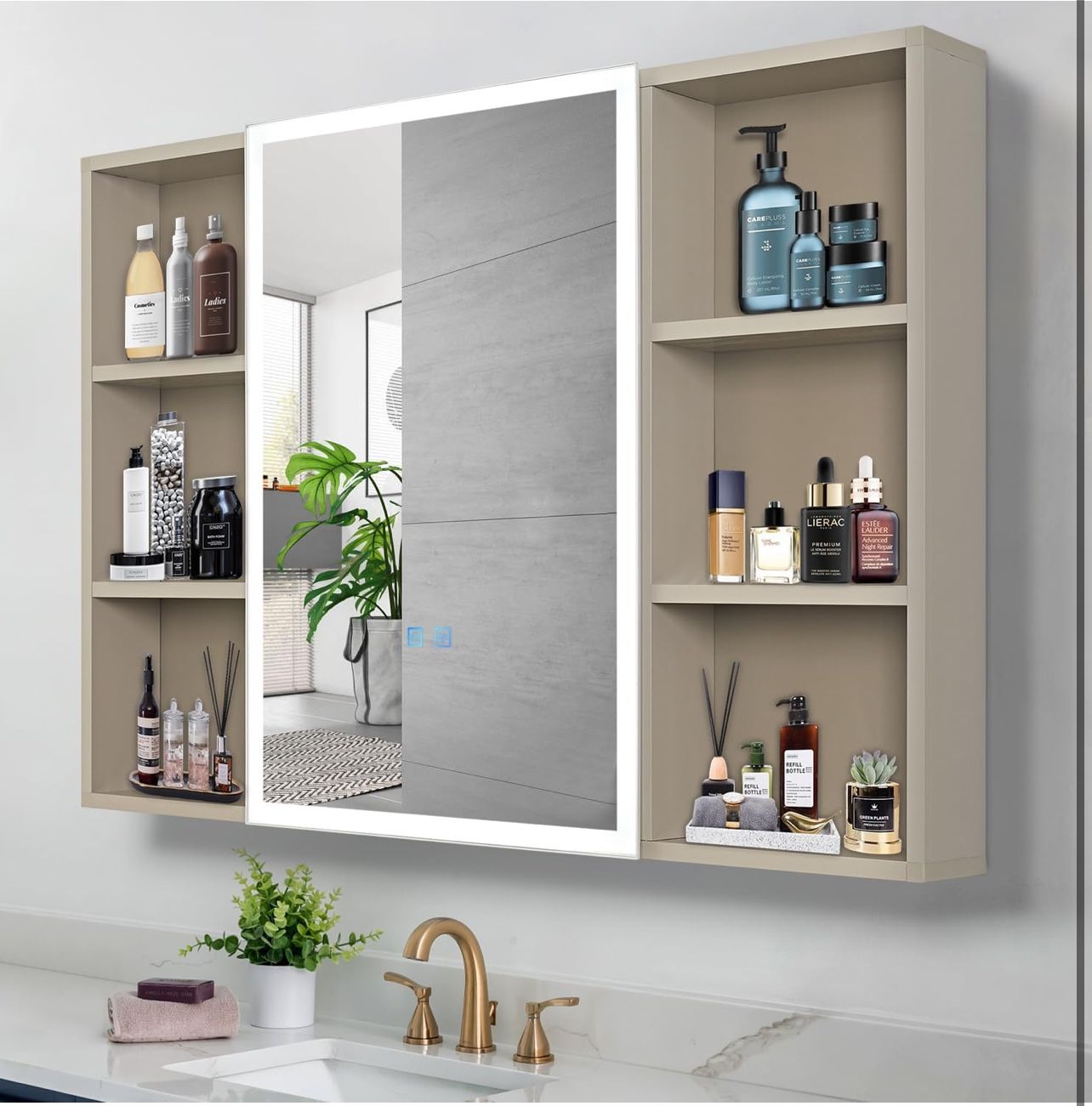 Brand new Defogging Mirror Cabinet, LED Mirror Door with Touch Switch, 35" L x 27.6" W, 6 Open Shelves, Multifunctional Storage Cabinet, Wall Mounted