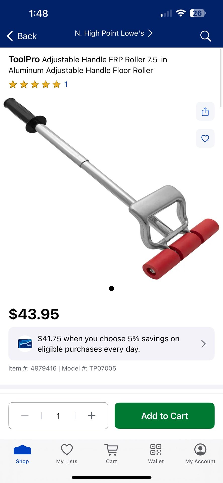 ToolPro Adjustable Handle FRP Roller 7.5-in Aluminum Adjustable Handle Floor Roller