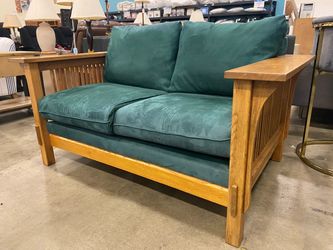 Vintage Mission Style Wooden Sofa with Teal Cushions