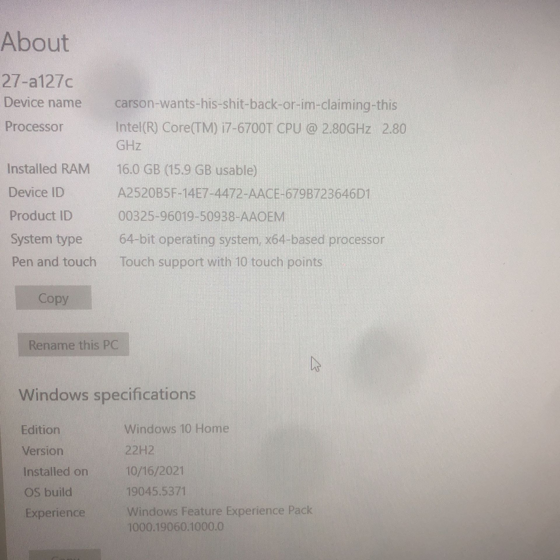 HP PAVILLON 27-a127c Touchscreen Comp All In One