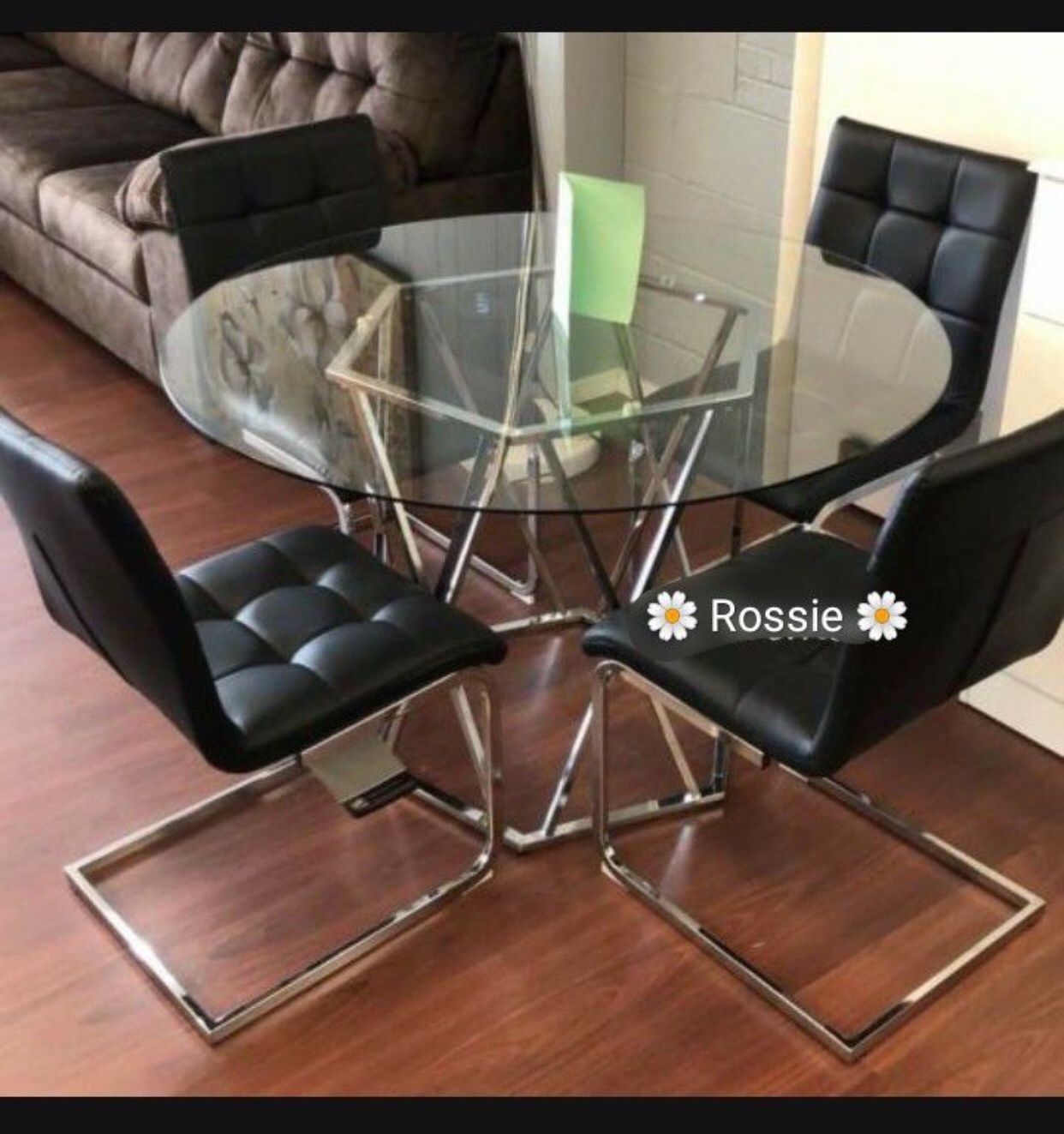 Best Price Brand New👍Ashley Round Table Top Glass/Chrome Dining Table And Black Chairs🌟 5 Piece Kitchen/Dining Set🔥Fastest Delivery 🚛