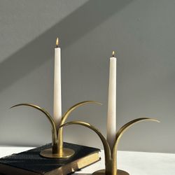 Pair of Mid Century Modern Lily Candle Holders Sweden Brass Ystad Metall