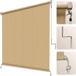 Outdoor Roller Shade 6' W x 8' H Fabric Blind Sesame Cordless Roll Up, Wand Operation Exterior Cloth