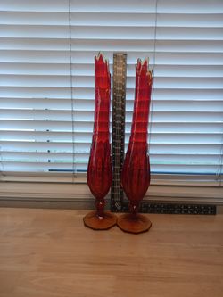 Pair of Tall Red Art Glass Bud Vases
