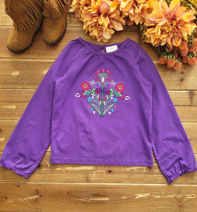 SIZE 8 GIRLS PURPLE MULTICOLOR FLORAL EMBROIDERY LONG-SLEEVE TUNIC