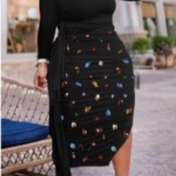Semi Formal Dress Black Long Sleeve Rhinestone Bodycon Slit Midi Dress