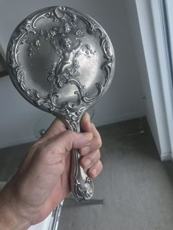 ART NOUVEAU VICTORIAN STERLING SILVER HAND MIRROR ANGEL