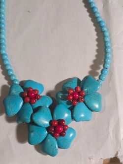 Boho Turquoise and Red Coral-Style Floral Necklace