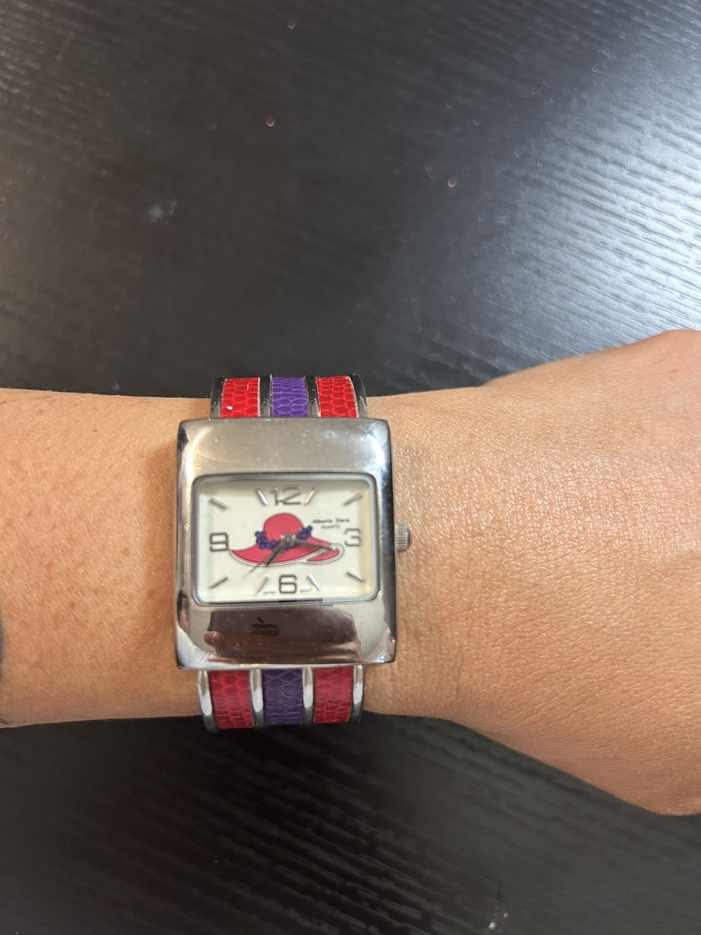 Alberto Fioro Red & Silver Toned Cuff Band Wristwatch Untested As Is