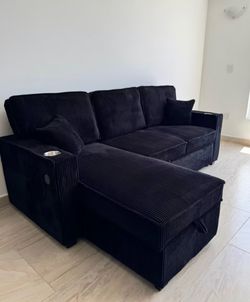 Black Corduroy Sectional Sofa with Storage Ottoman