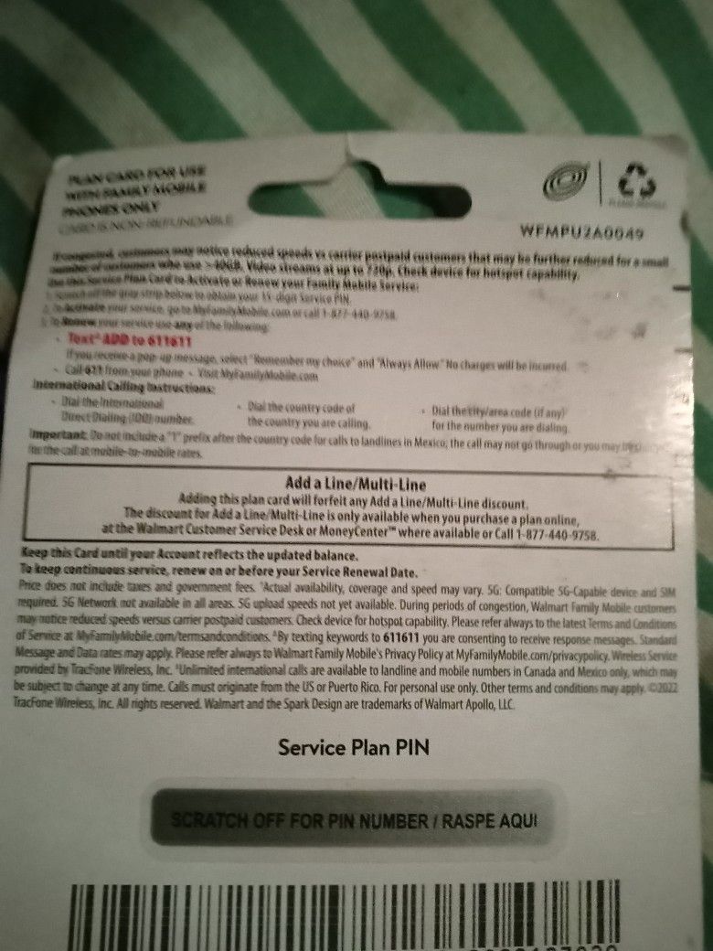 Family Plan $ 50.00 Card To Put Service On S