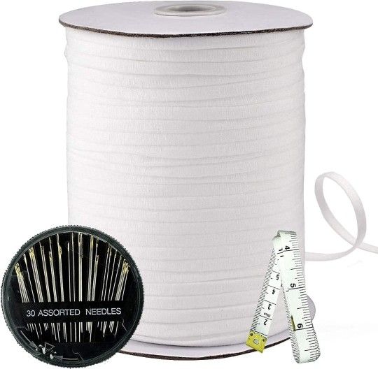 Elastic Band for Sewing 100 Yards Elastic String White DIY Mask Soft Cord for Mask Rope Roll with Needles and Soft Tape Measure Double Scale Knit