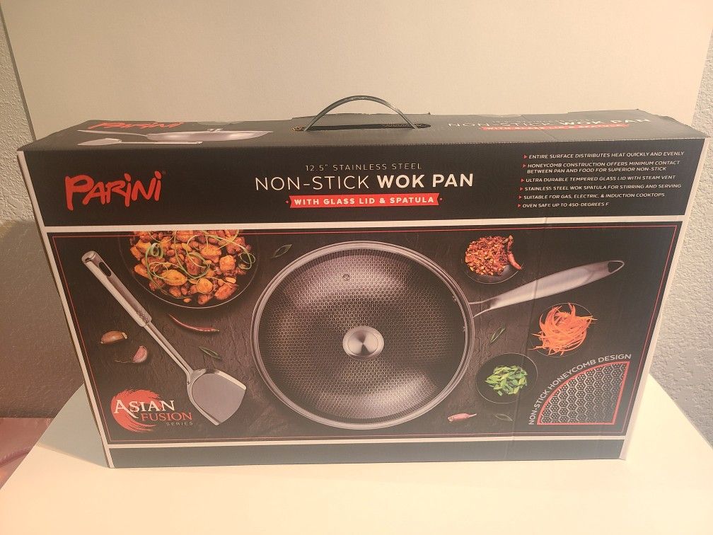 New Sealed Parini 12.5" Stainless Steel Non-Stick Wok Pan w/ Glass Lid & Spatula
