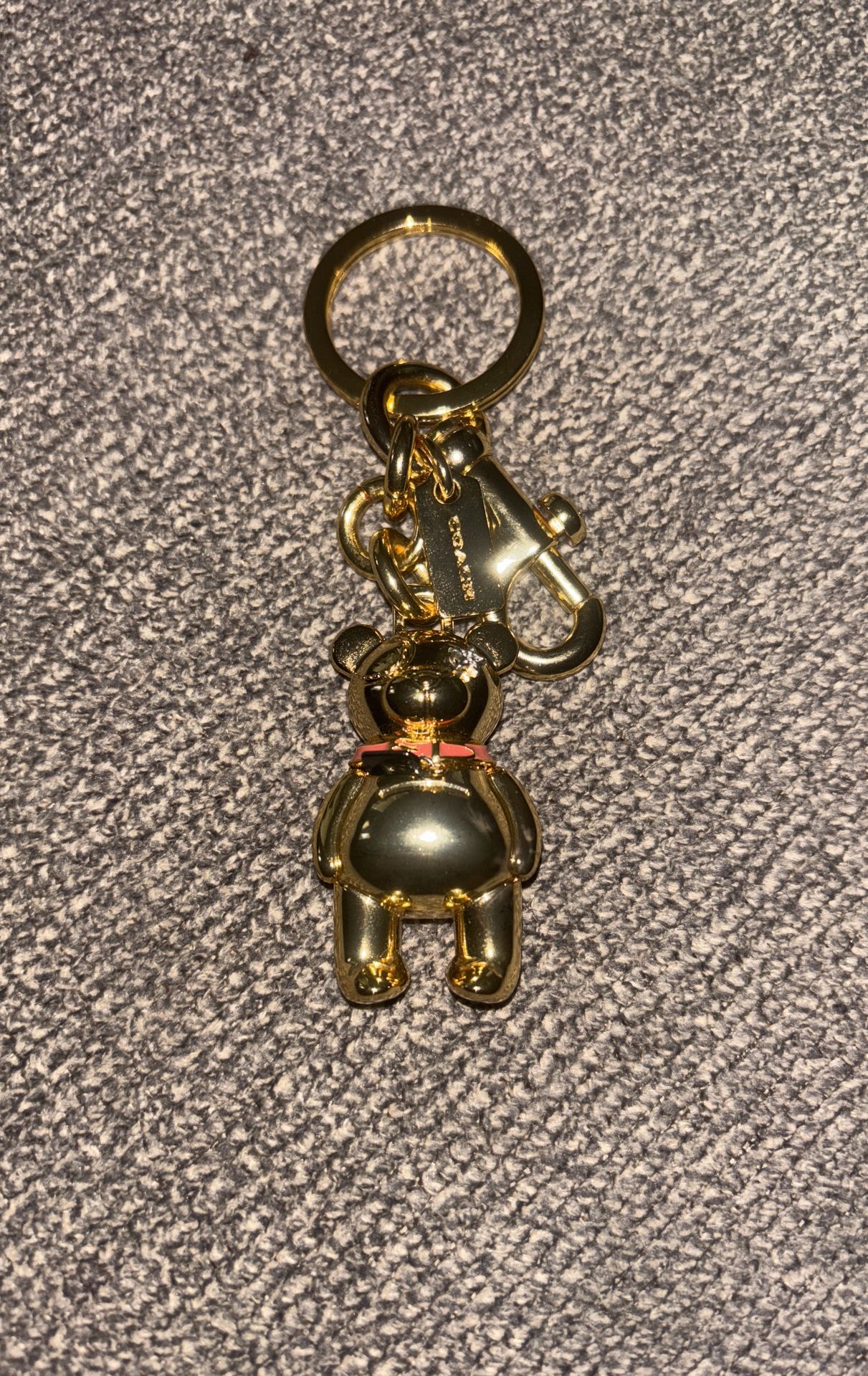 Coach Gold-Tone Teddy Bear Bag Charm Key Chain Pink Ribbon