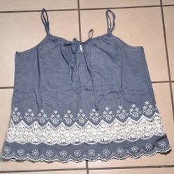 Knox Rose Women’s Blue Embroidered Lace Hem Cami Top - Size Large - Boho